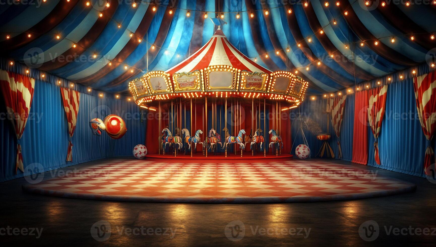 A vibrant circus scene featuring a carousel under colorful drapery. photo