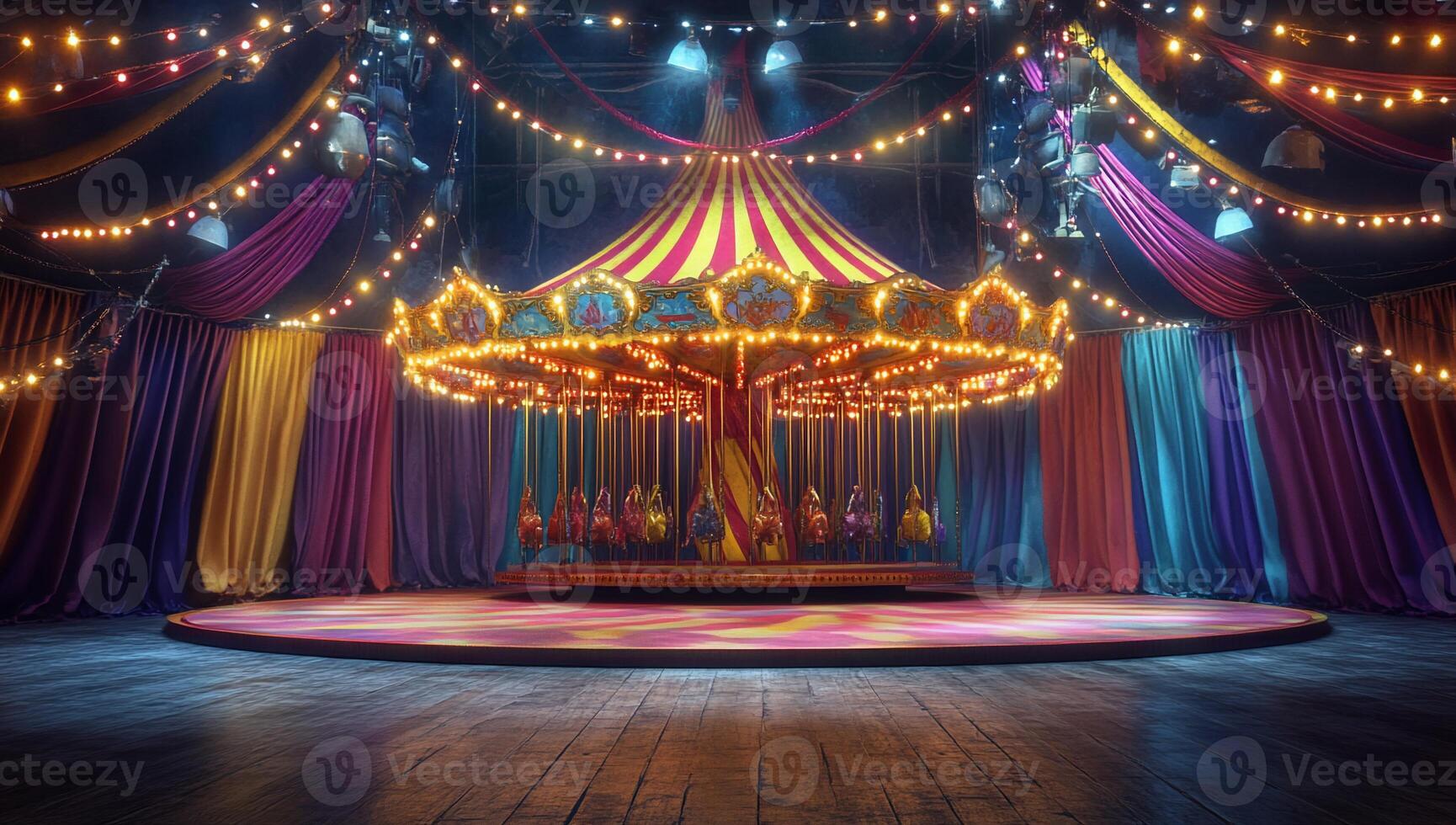 A vibrant carousel in a colorful circus setting with festive lighting. photo