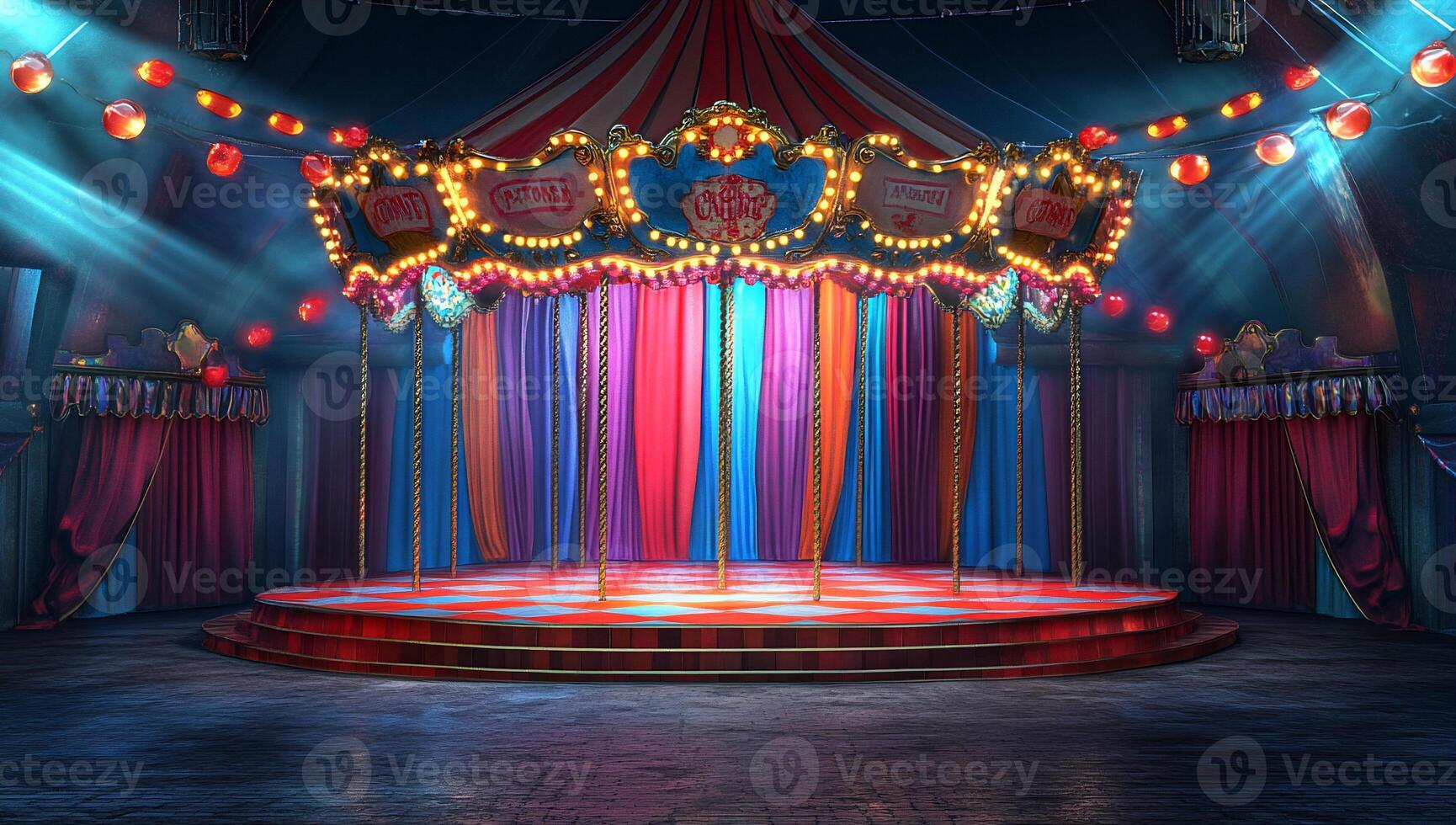 A vibrant circus stage with colorful curtains and lights. photo