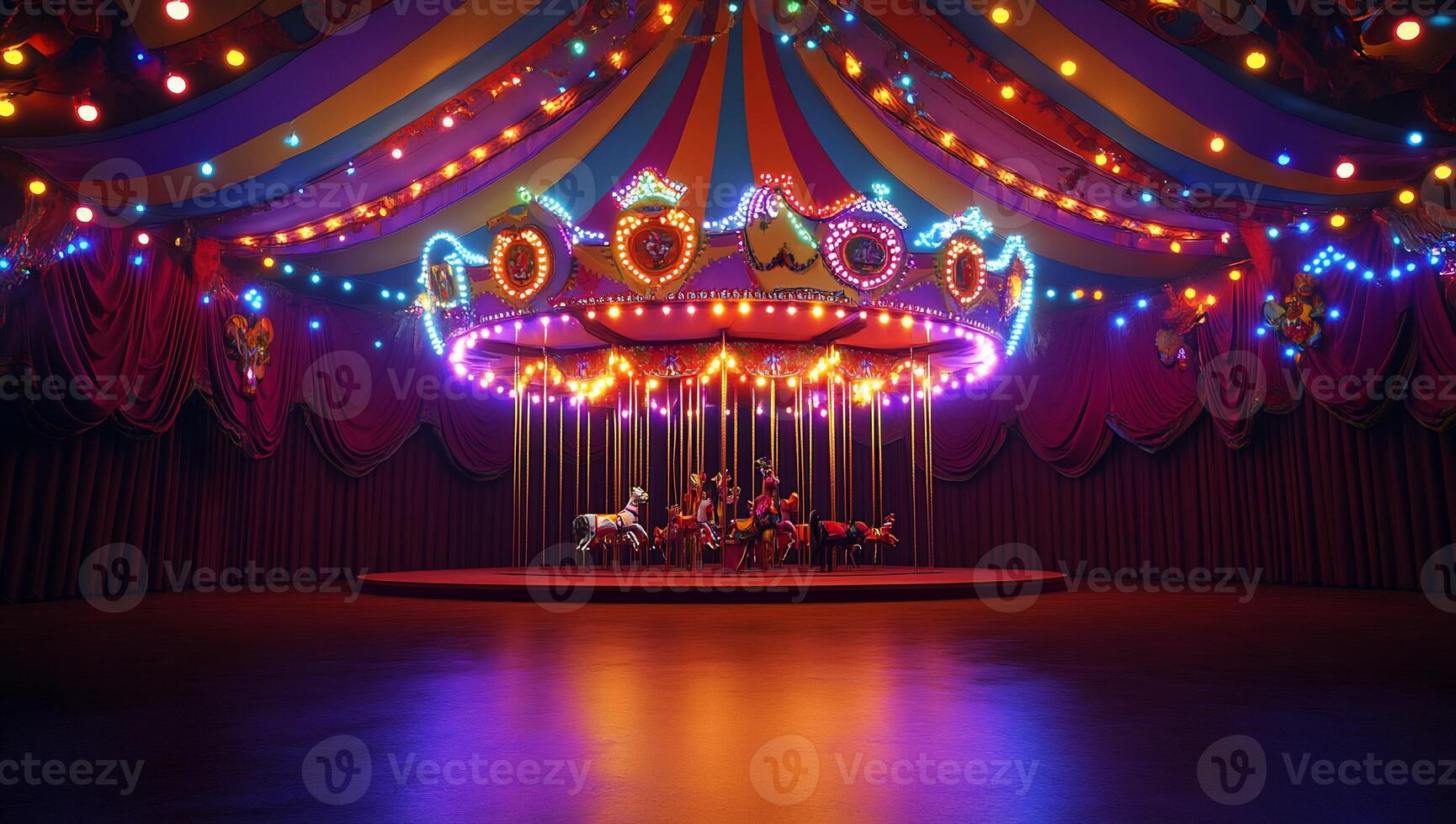 A vibrant carousel with colorful lights and decorative elements. photo
