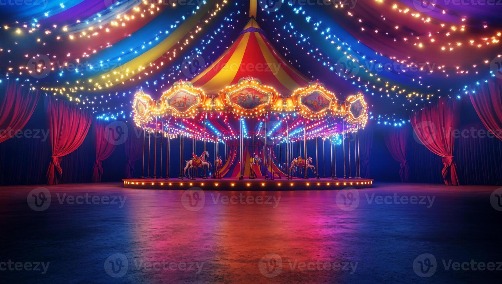 A vibrant carousel under colorful lights in a festive setting. photo