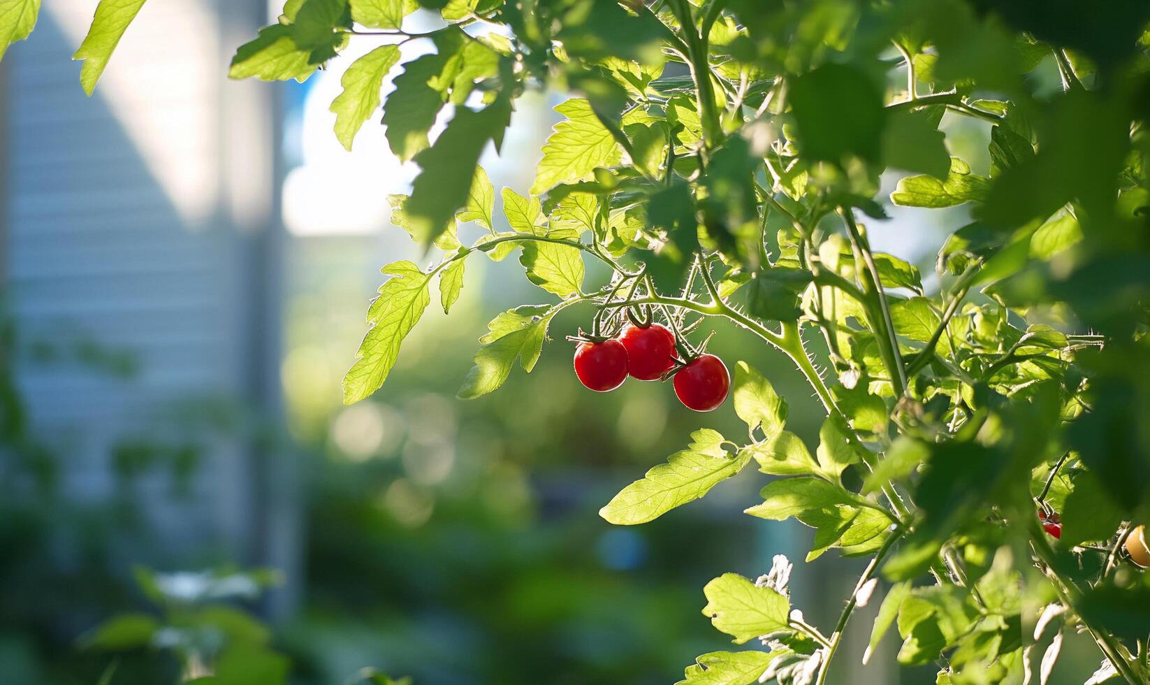 A tomato plant with red berries growing in the garden photo