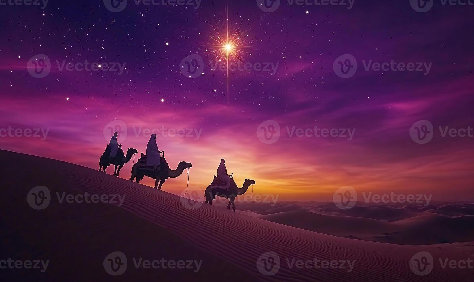 Three figures on camels traverse a desert at sunset under a starry sky. photo