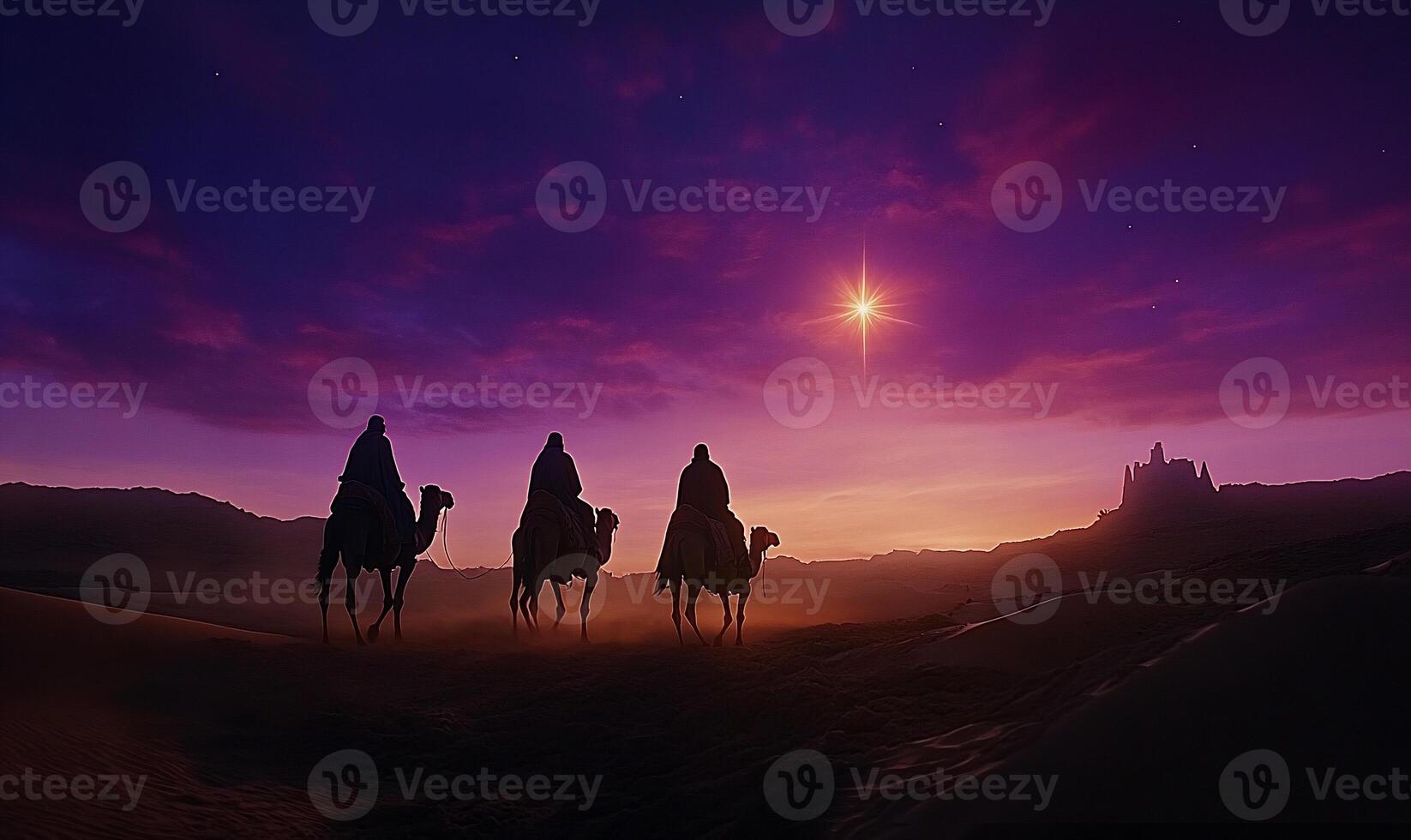 Three figures on camels journeying through a desert at twilight. photo
