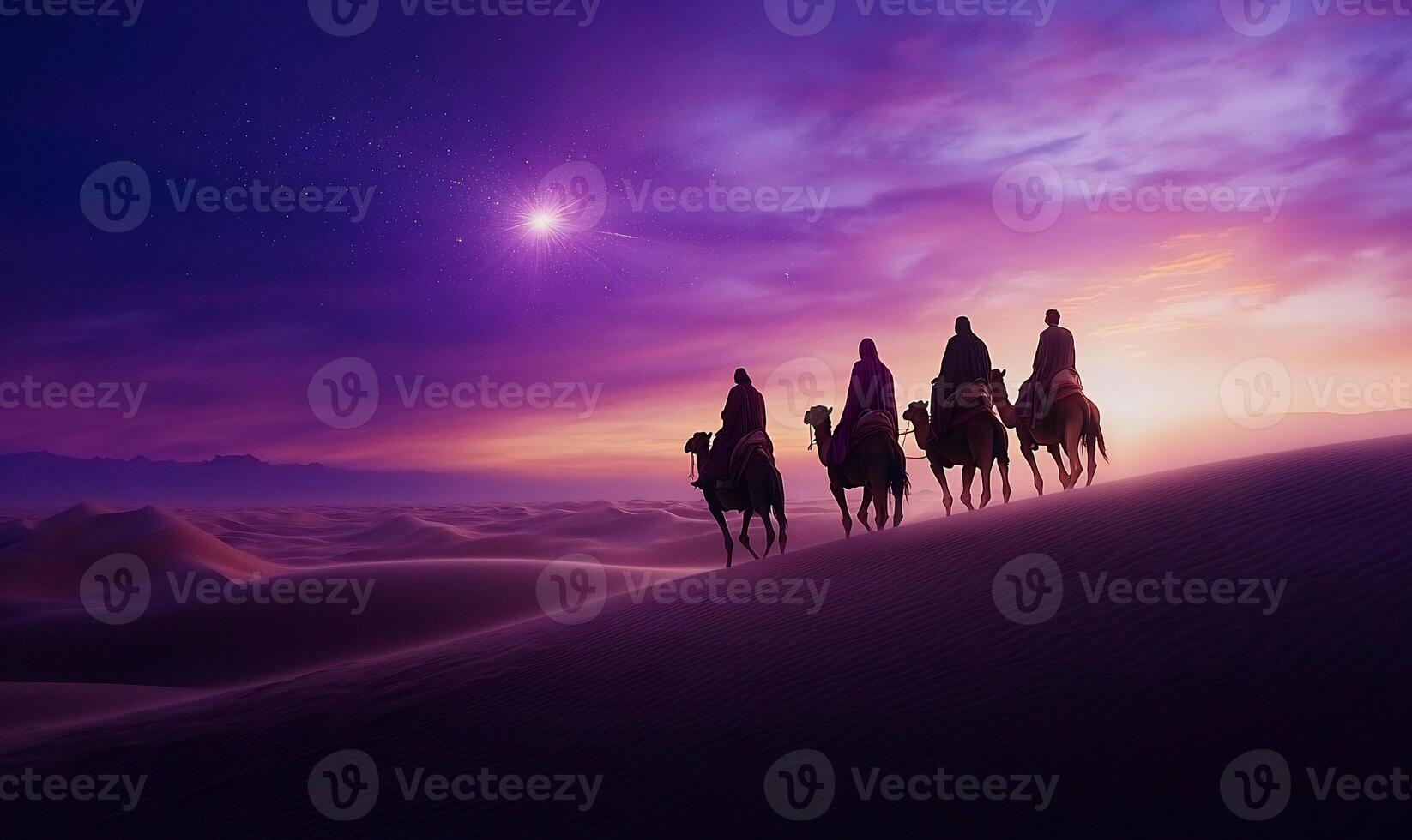 Silhouetted figures on camels against a vibrant desert sunset. photo