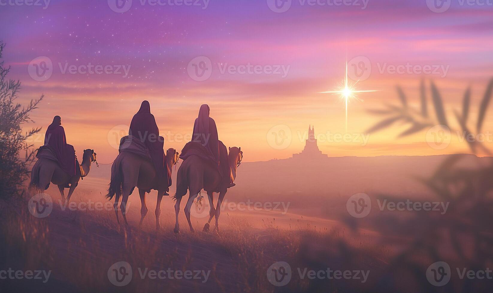 Three figures on camels journeying towards a glowing star at sunset. photo