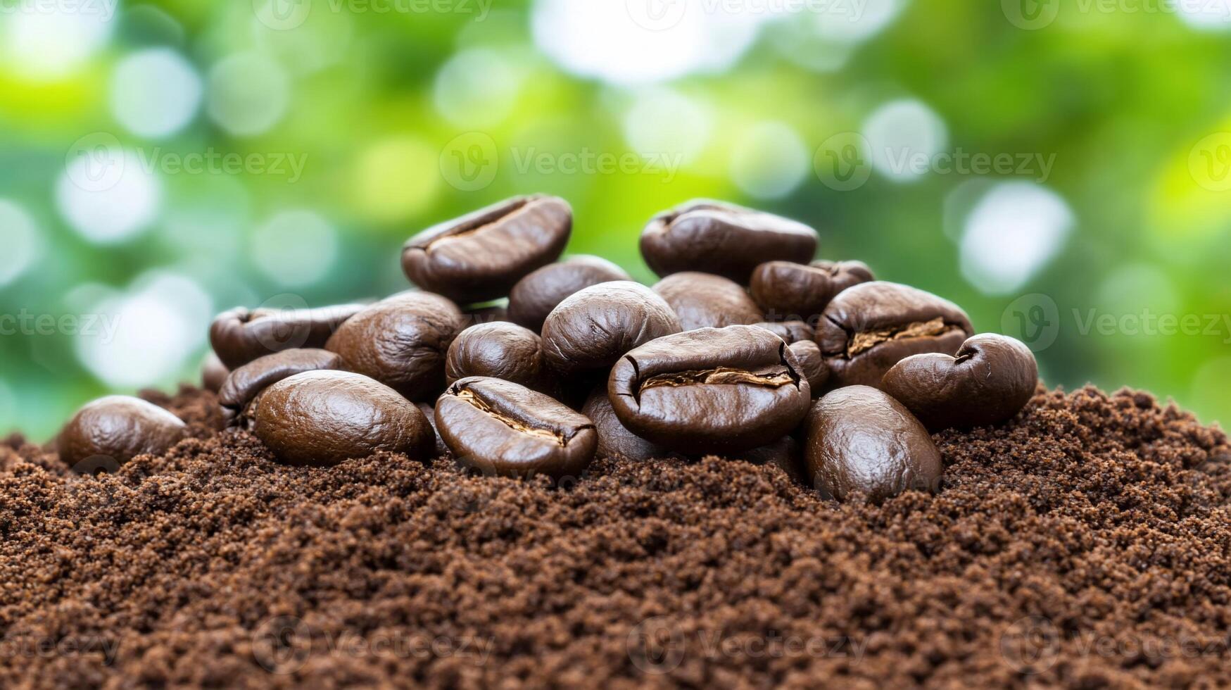 Coffee beans on ground coffee, showcasing rich textures and colors. photo