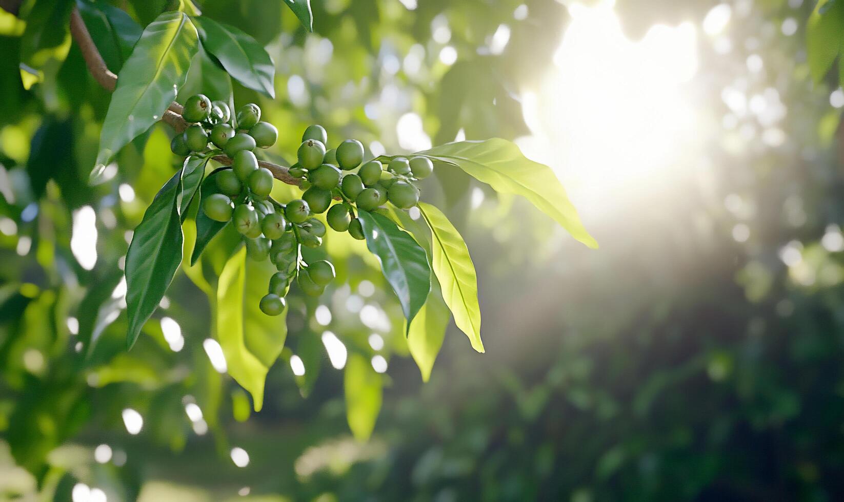 Coffee beans on a tree branch with sunlight shining through photo
