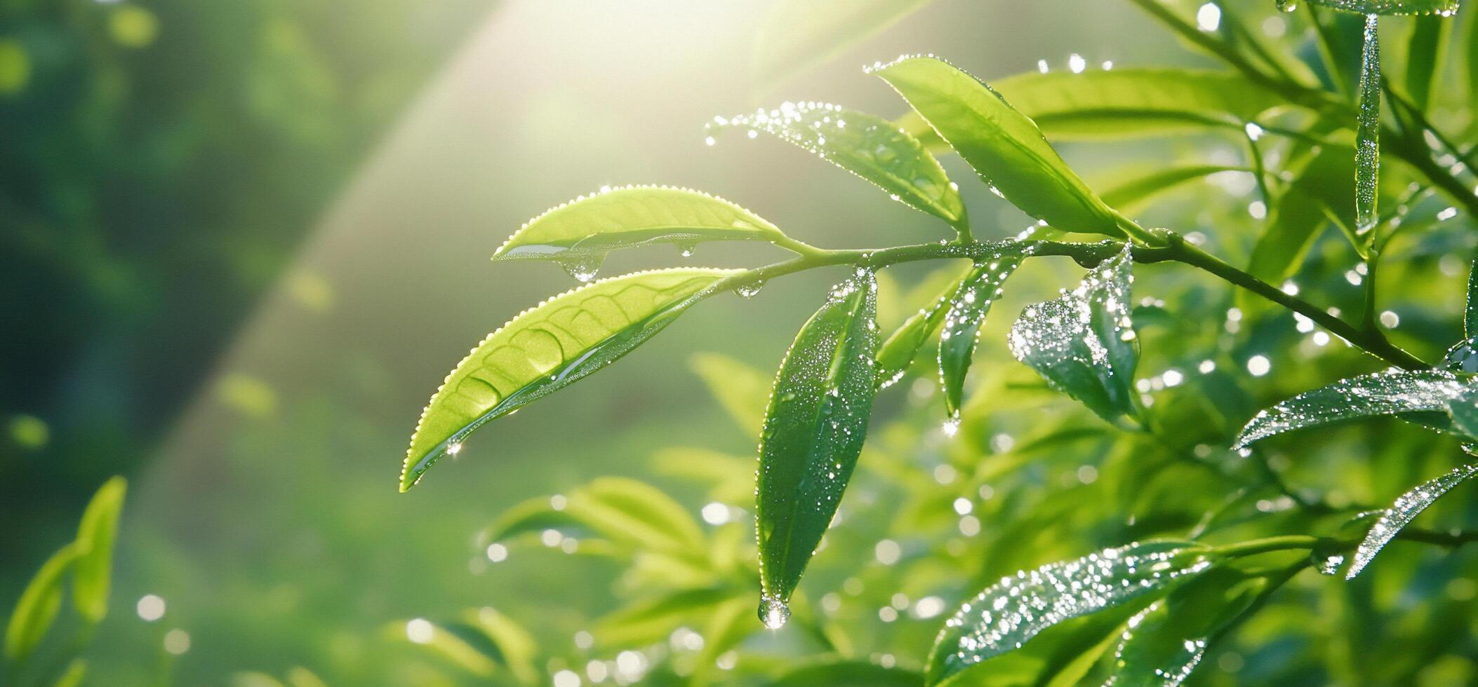 Green leaves with sunlight shining through them photo
