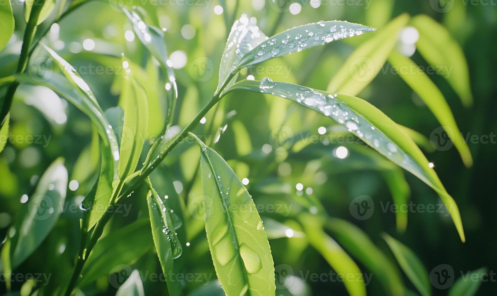 Water droplets on the leaves of a bamboo plant photo