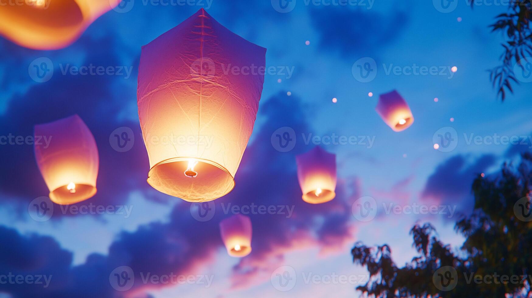 Floating lanterns illuminate the twilight sky, creating a serene atmosphere. photo