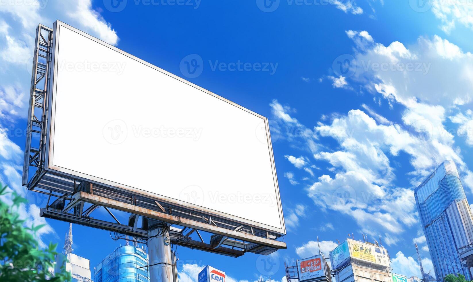 A blank billboard against a vibrant sky, ready for advertising. photo