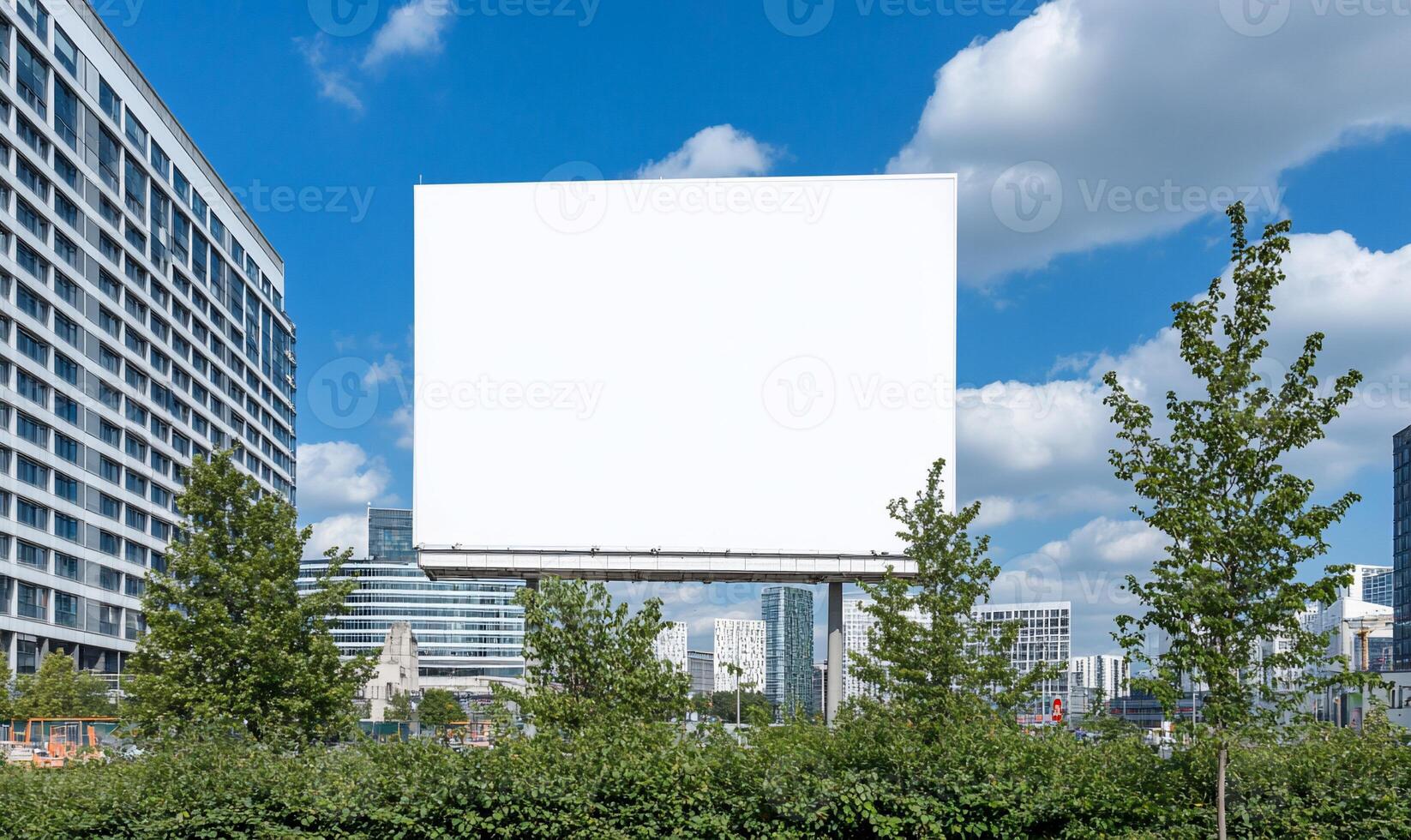 A blank billboard surrounded by greenery and modern buildings. photo