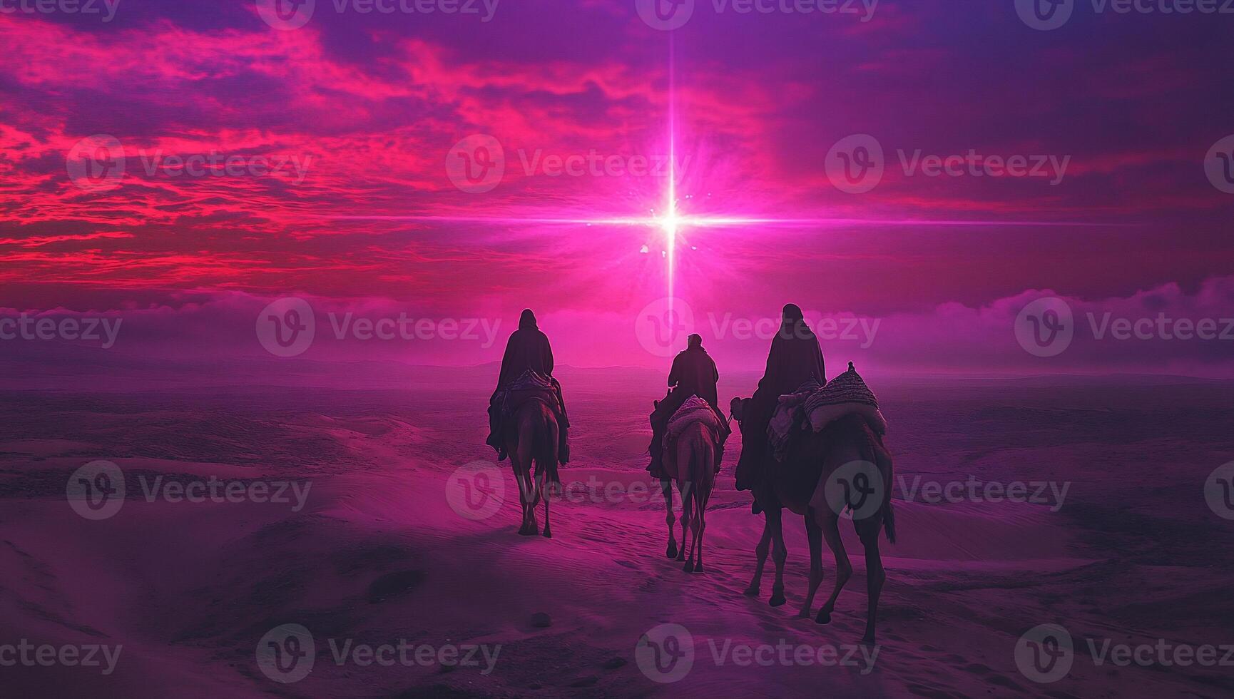 Three figures on camels under a glowing cross in a colorful sky. photo