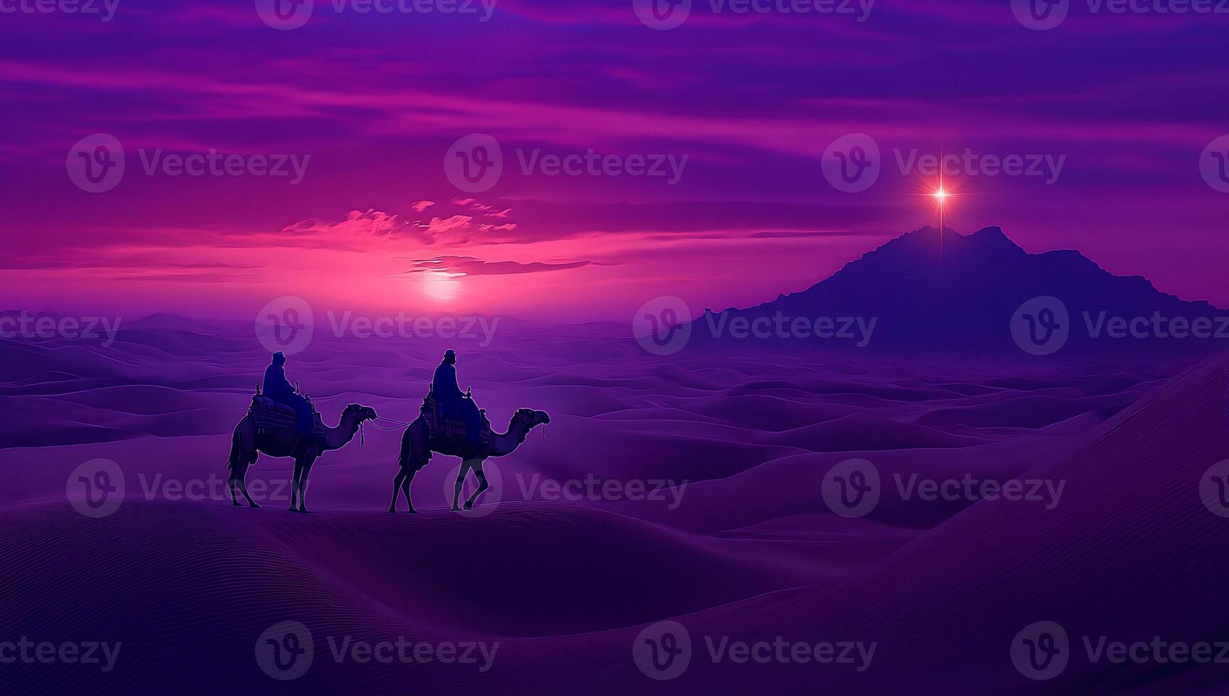 Two camels with riders traverse a vibrant desert landscape at sunset. photo