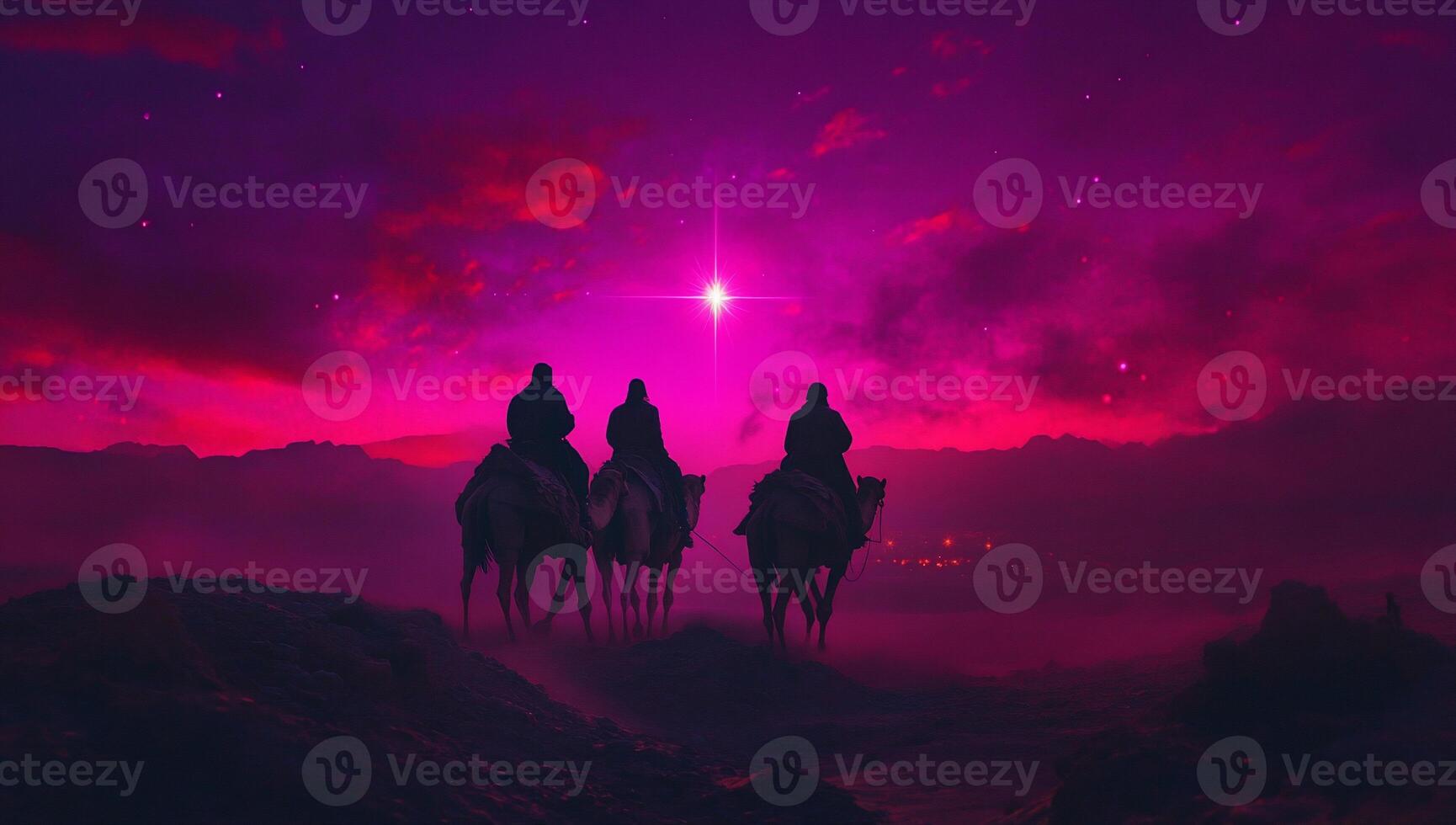 Three figures on camels against a vibrant, starry twilight sky. photo