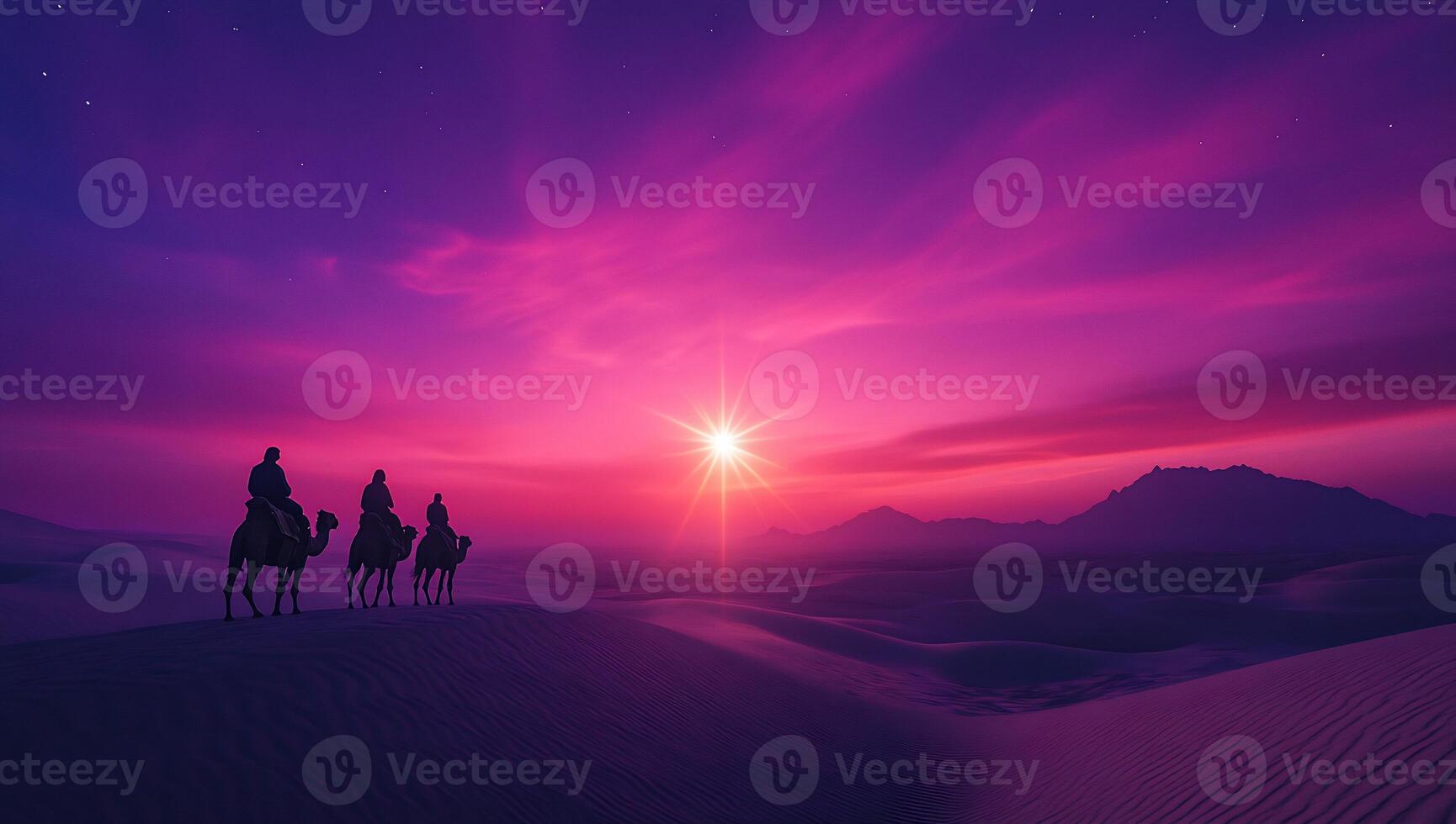 A serene desert scene with travelers on camels at sunset. photo