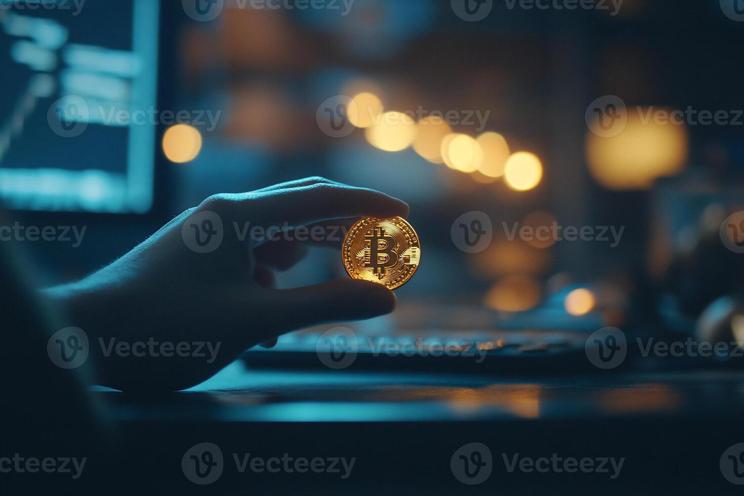 A hand holding a Bitcoin in a dimly lit environment. photo