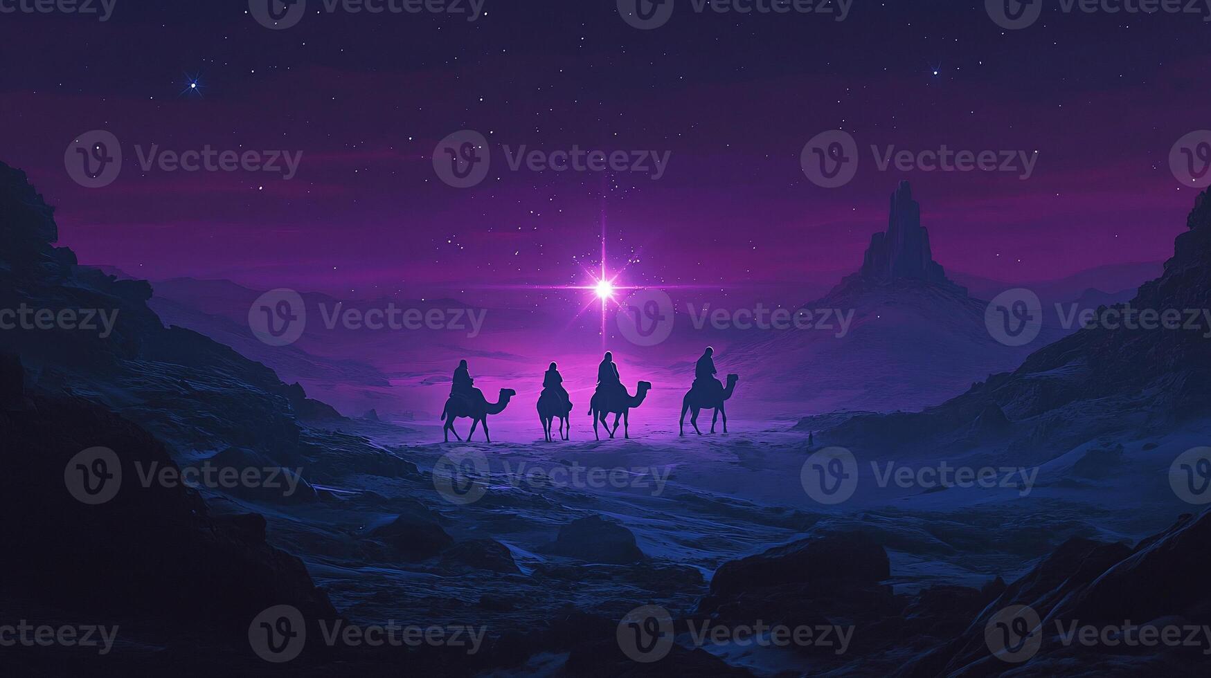 A silhouette of travelers on camels against a starry purple sky. photo