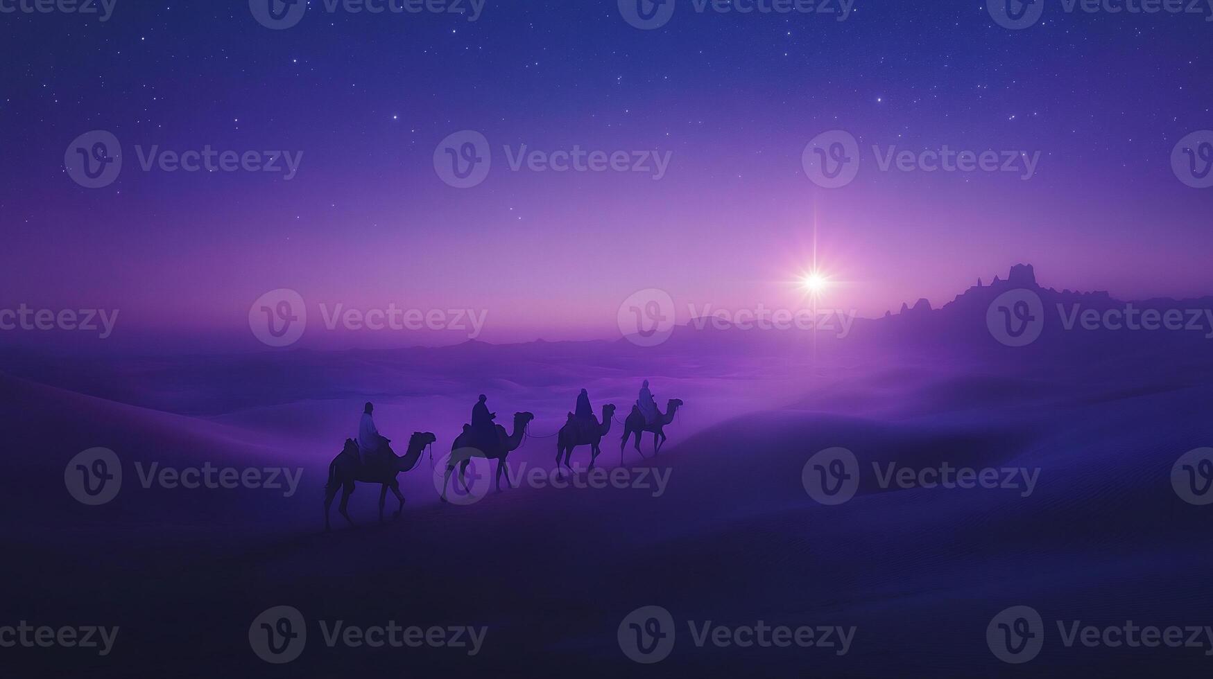 A serene desert scene with travelers on camels under a starry sky. photo
