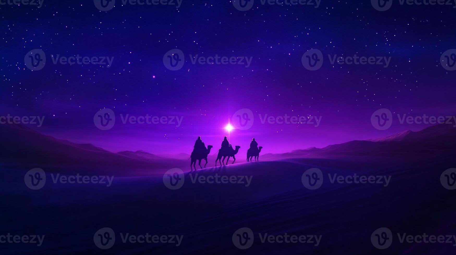 A serene desert scene with silhouetted figures on camels under a starry sky. photo