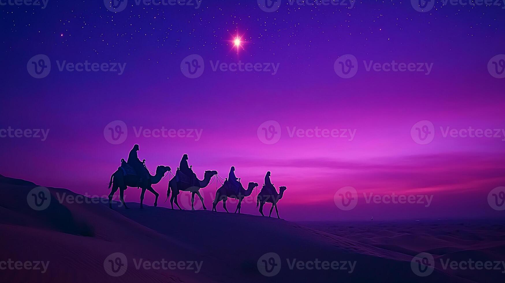 Silhouettes of camels and riders against a vibrant twilight sky. photo