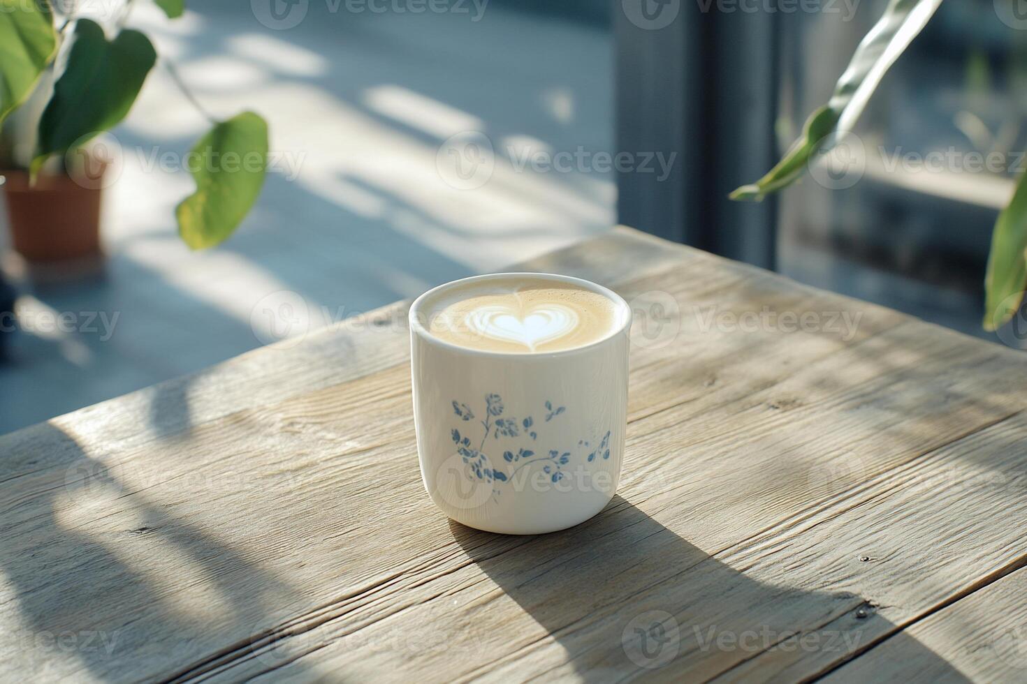 A latte with heart art on a wooden table in a bright environment. photo