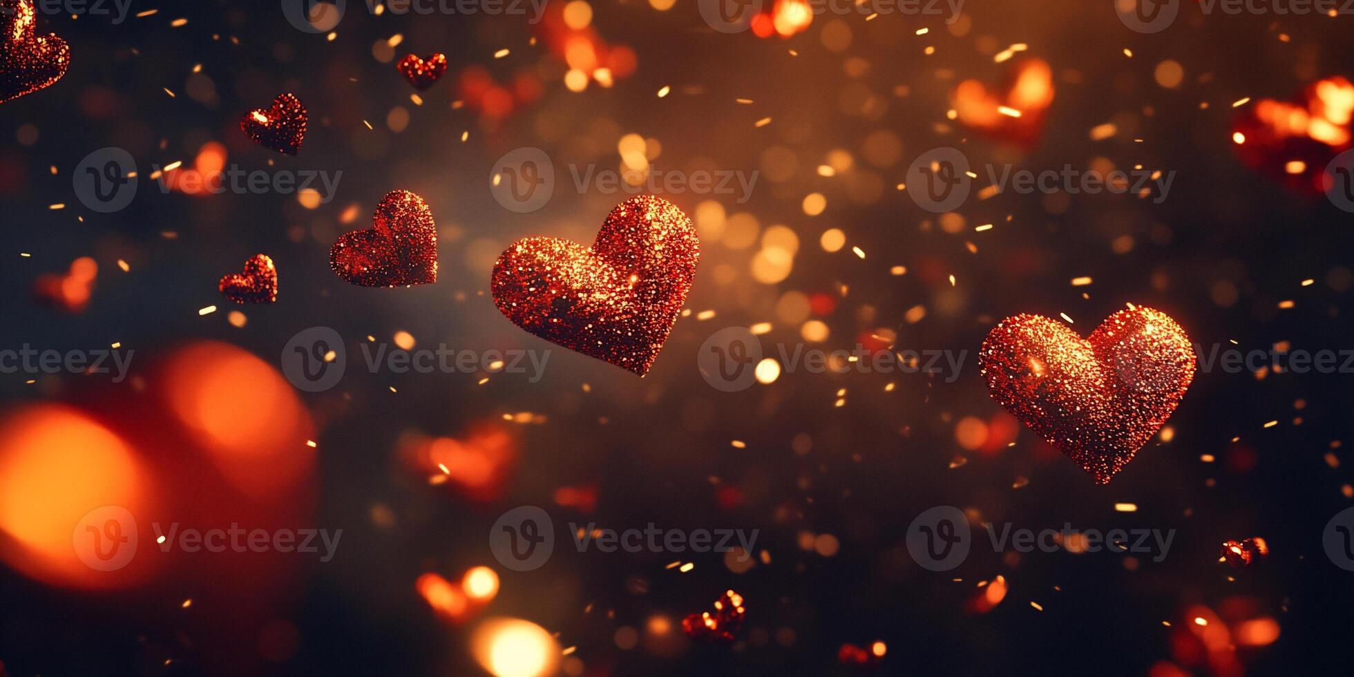 A dreamy scene of floating glittery hearts against a warm backdrop. photo