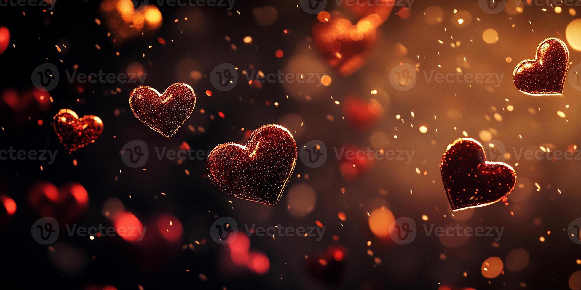 A dreamy scene of floating hearts amidst shimmering particles. photo