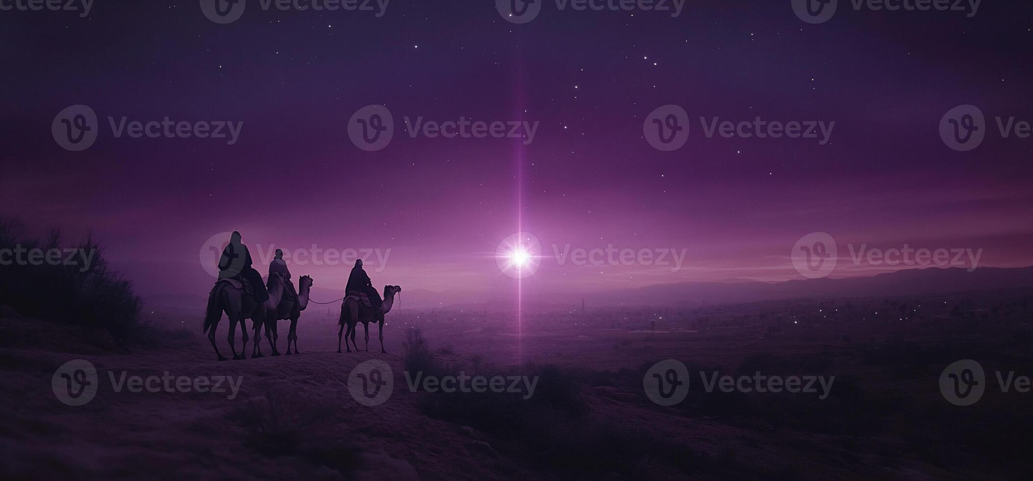 Three figures on camels journeying under a starry purple sky. photo