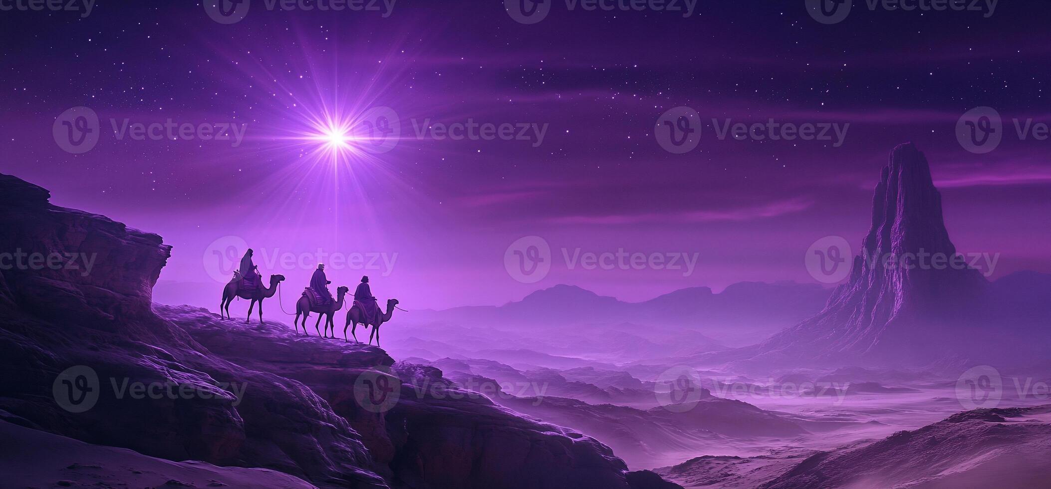 Three figures on camels travel through a mystical purple landscape. photo