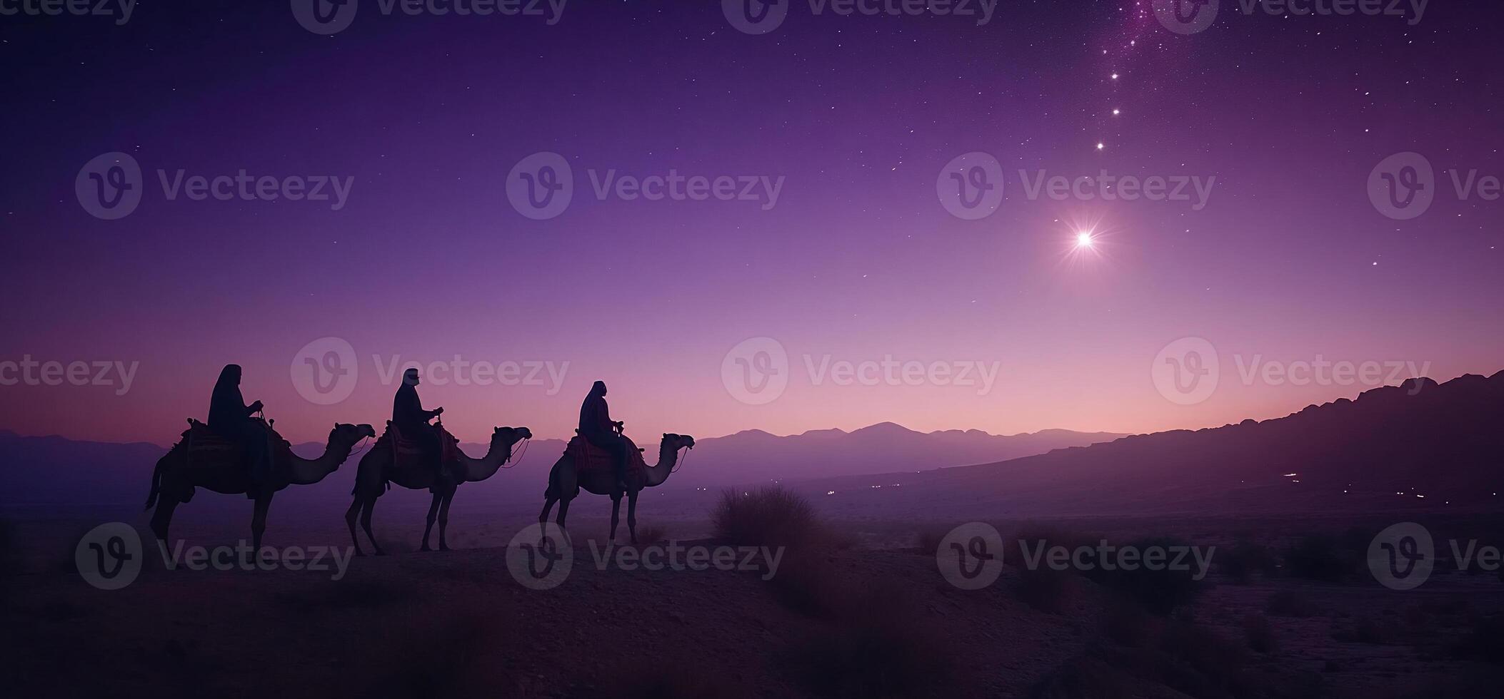 Three figures on camels against a twilight desert landscape. photo
