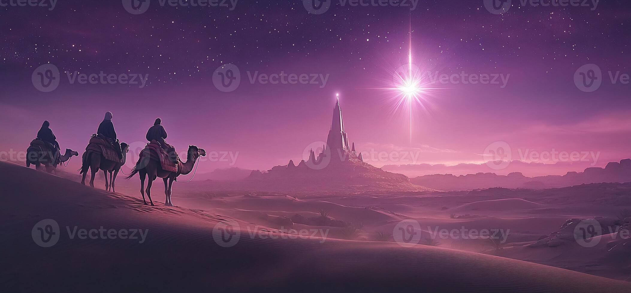 A mystical desert scene with travelers on camels against a starry sky. photo