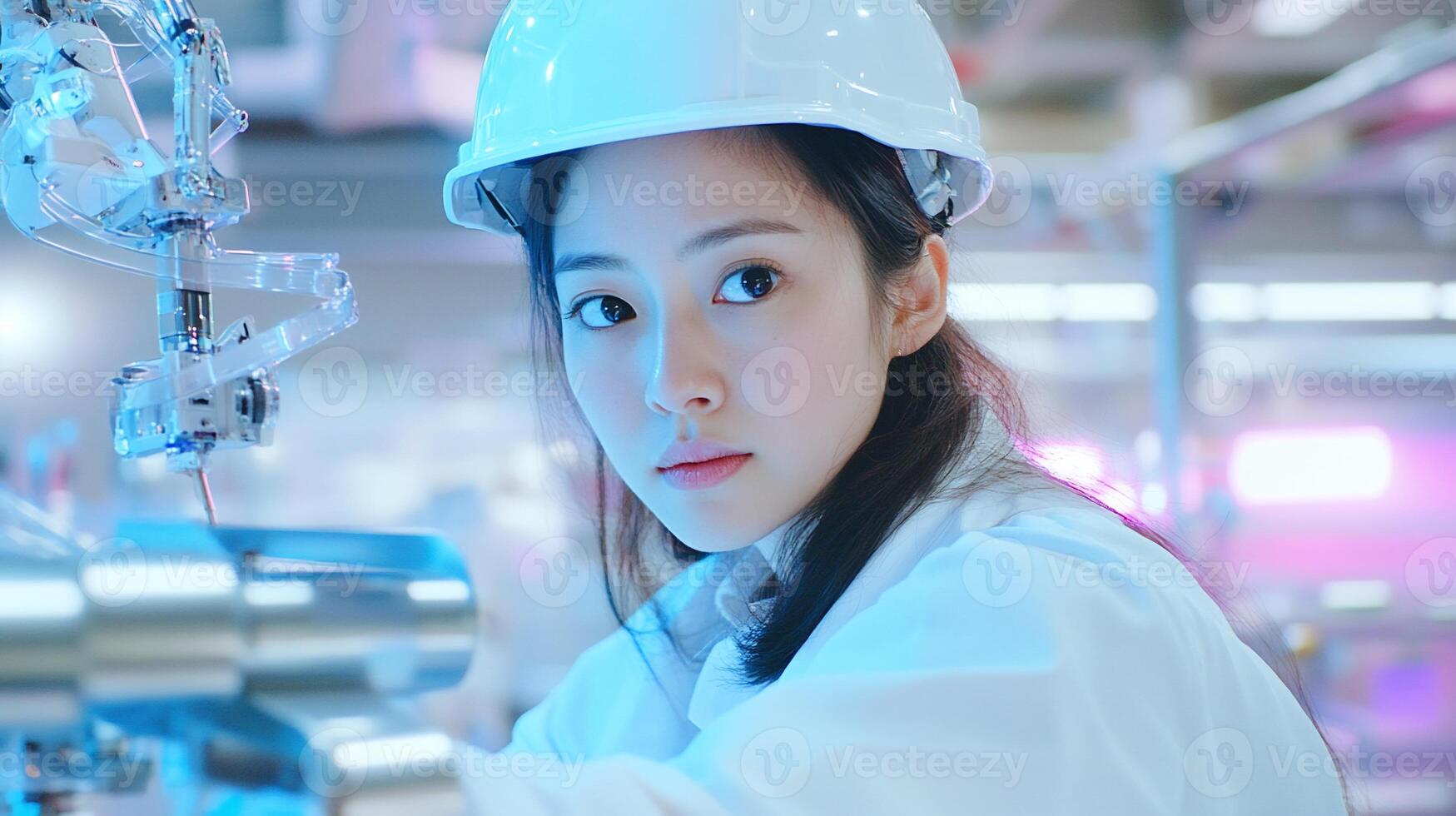 A scientist in a lab, wearing a helmet and focused on robotics. photo