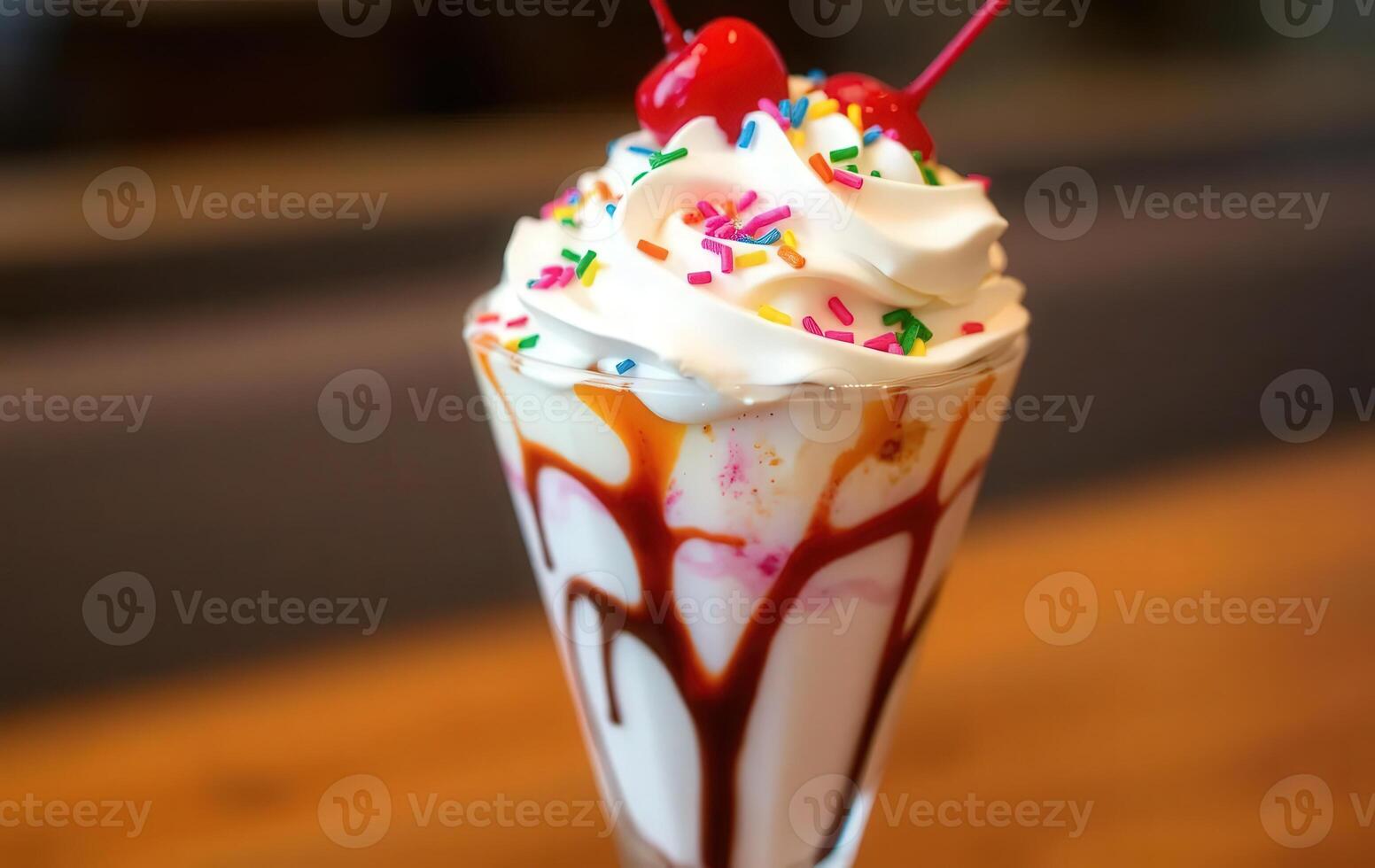An ice cream sundae with sprinkles and cherries photo