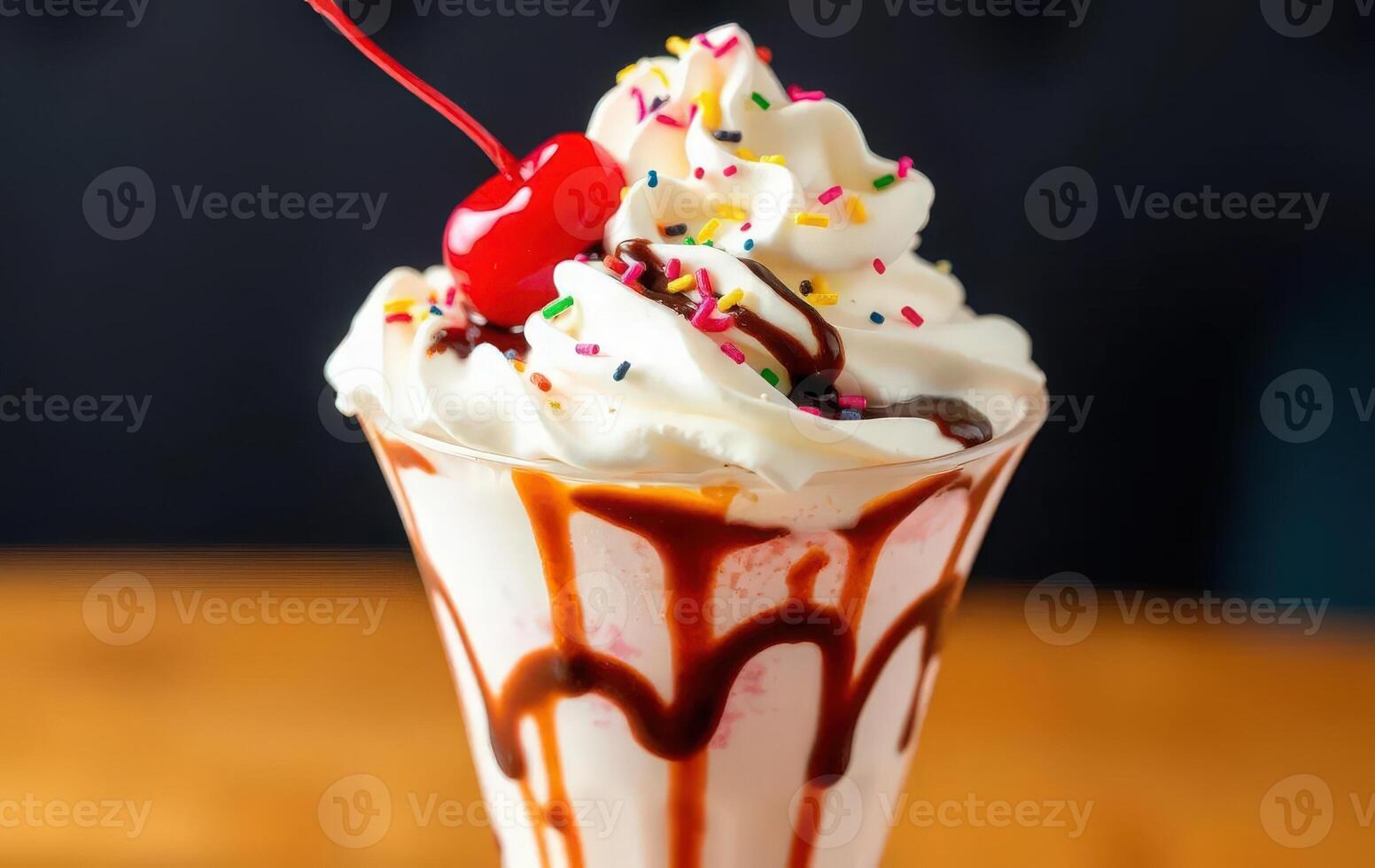 An ice cream sundae with whipped cream and sprinkles photo