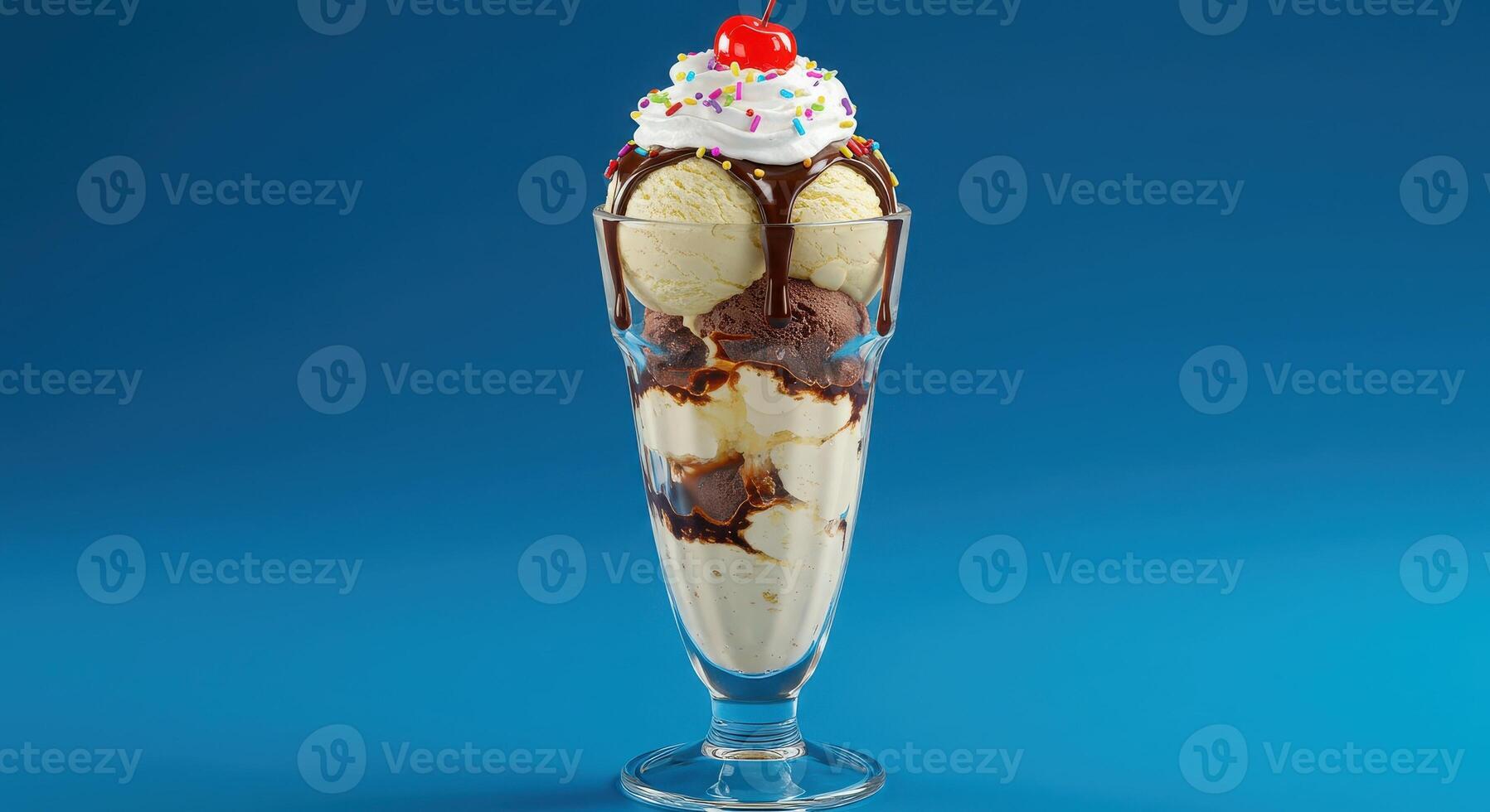 A sundae with ice cream, whipped cream, and chocolate syrup photo