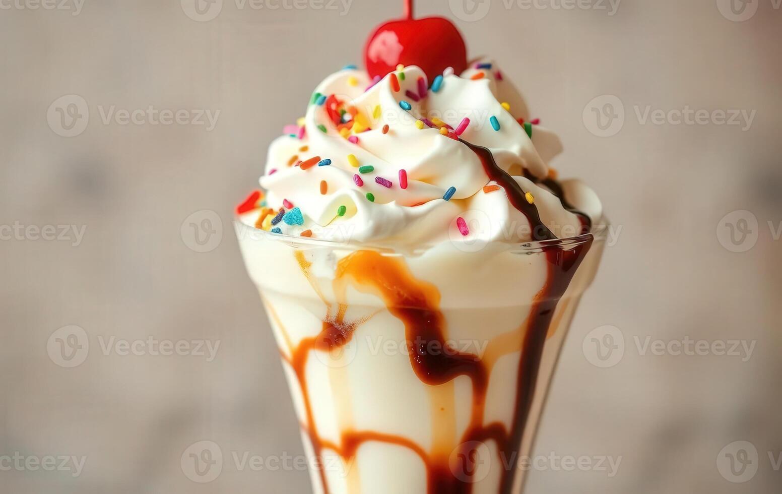 An ice cream sundae with a cherry on top photo