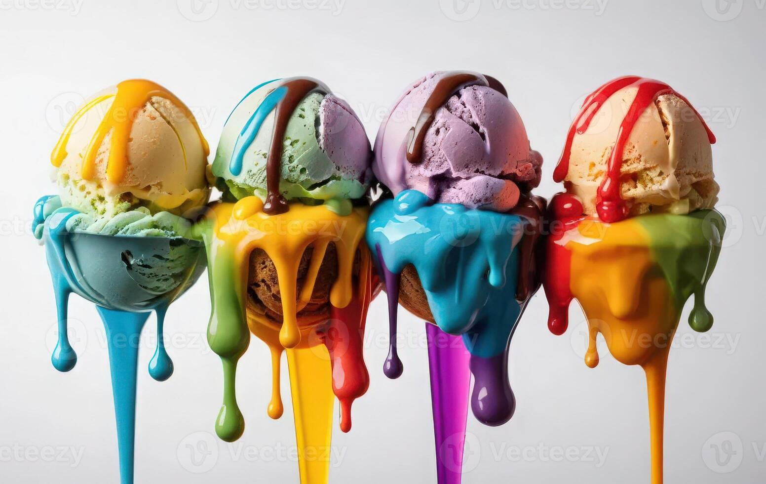 Four ice cream scoops with colorful paint dripping off photo