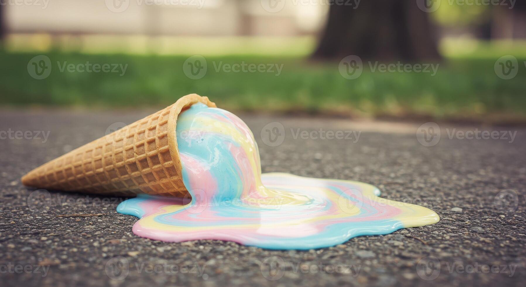 A colorful ice cream cone with a melting liquid photo