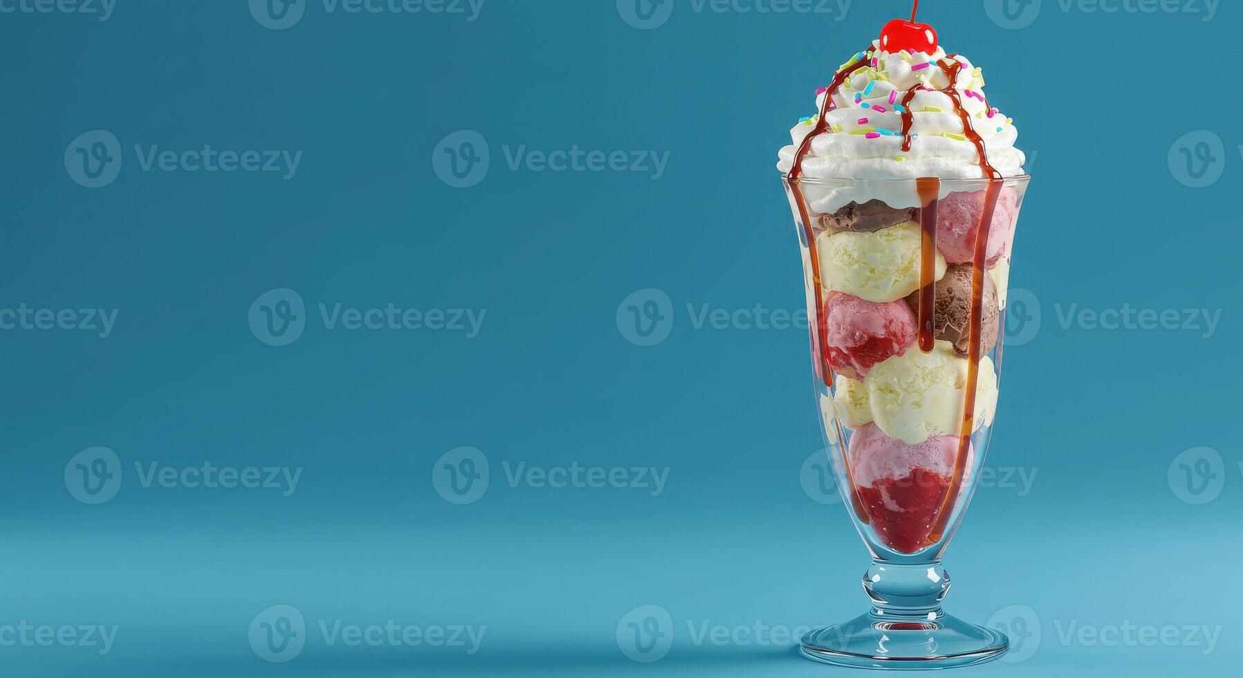 Ice cream sundae with cherry on top on blue background photo