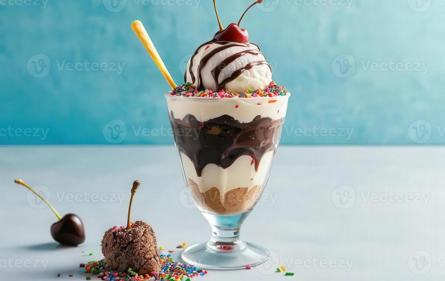 A dessert with ice cream, chocolate and cherries photo