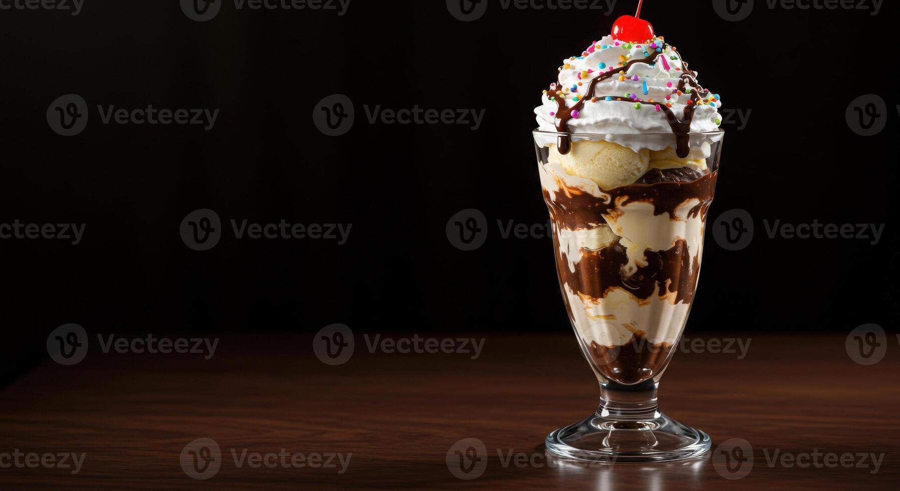 A sundae with ice cream, whipped cream and chocolate syrup photo