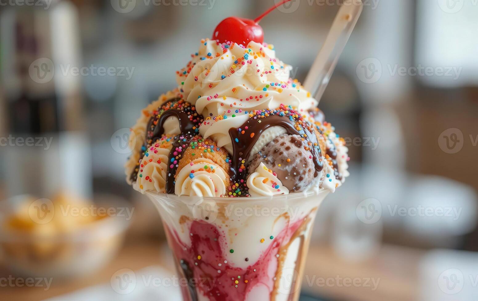 An ice cream sundae with toppings and a cherry photo