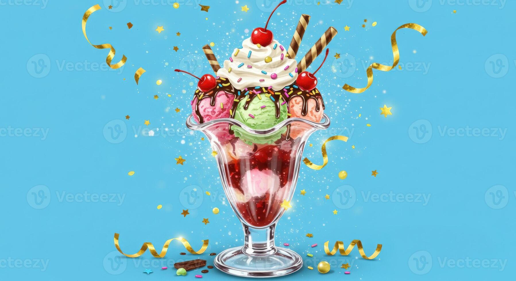 Ice cream sundae with cherries and ice cream on blue background photo
