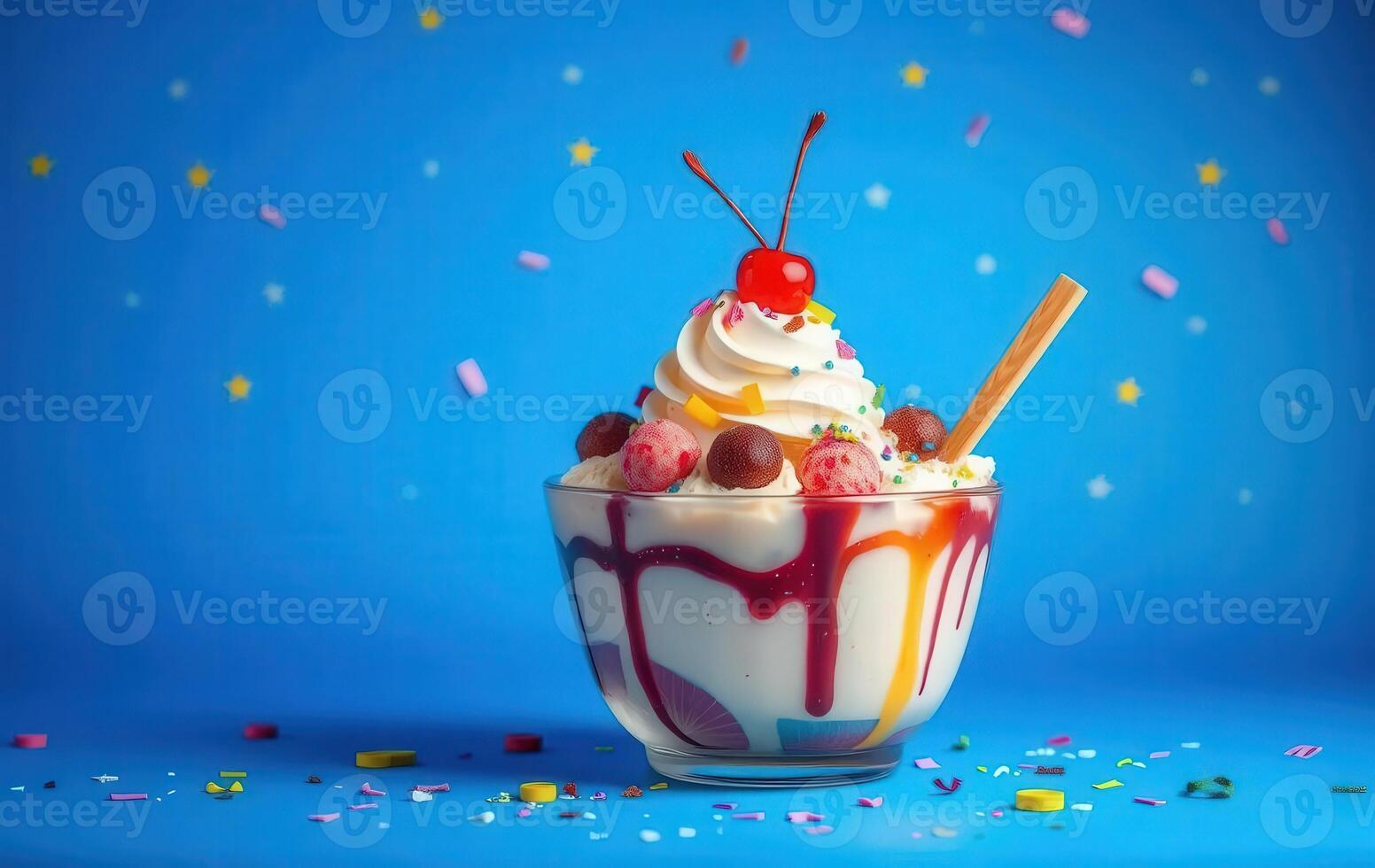An ice cream sundae with cherries and sprinkles photo