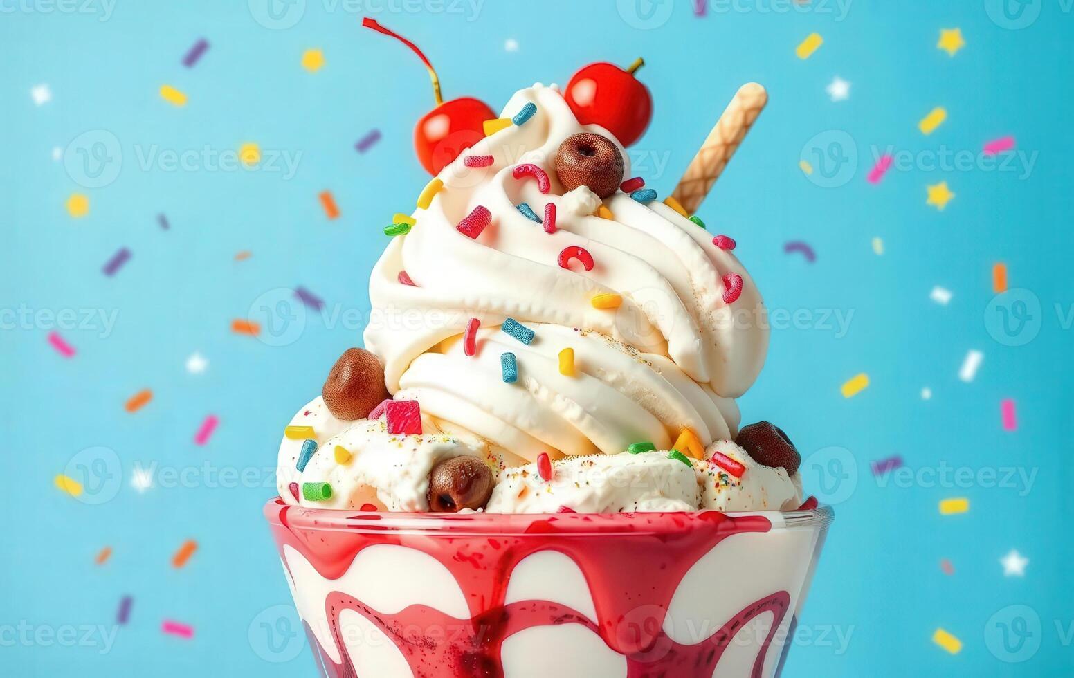An ice cream sundae with cherries and sprinkles photo