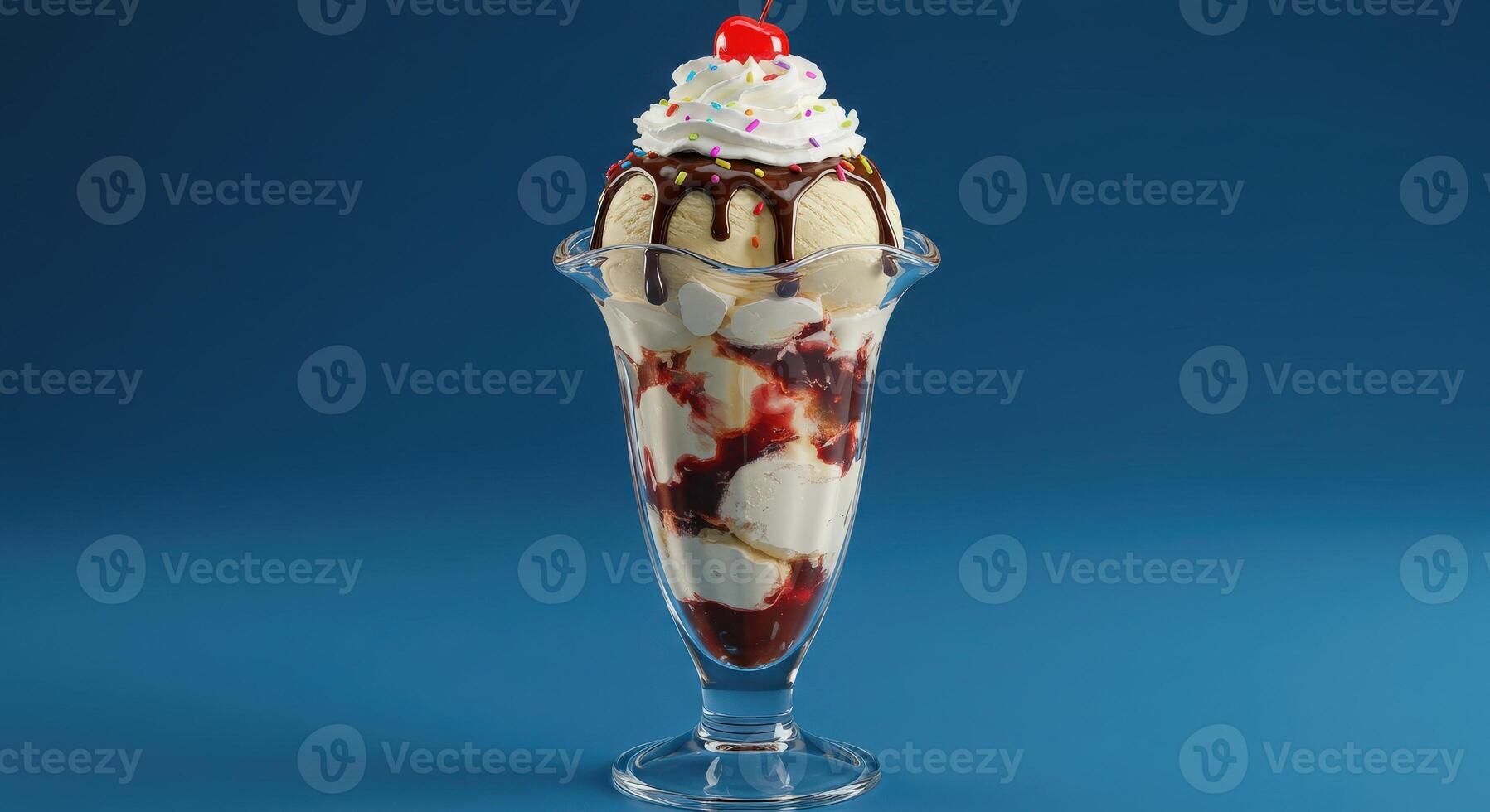 A sundae with ice cream, whipped cream and cherries photo