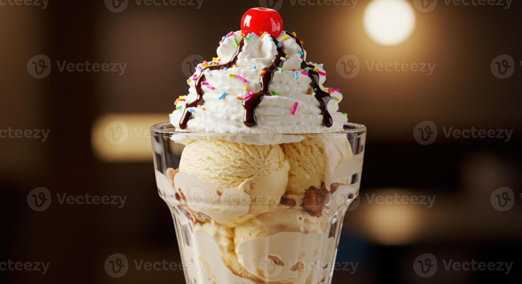 An ice cream sundae with sprinkles and a cherry on top photo