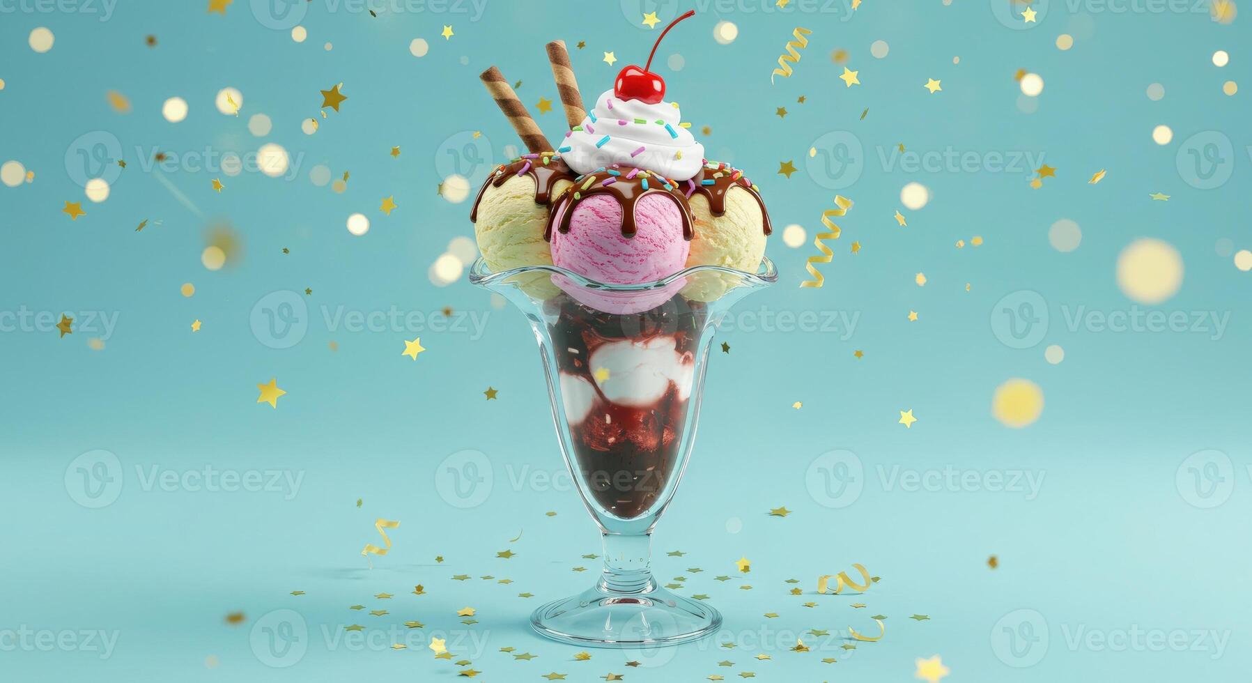 An ice cream sundae with toppings and confetti photo